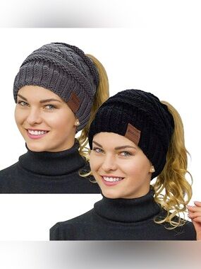 Rosoz Lot Of 2 Cable Knit Ponytail Beanie Hat Messy Bun Winter Cap Black Gray